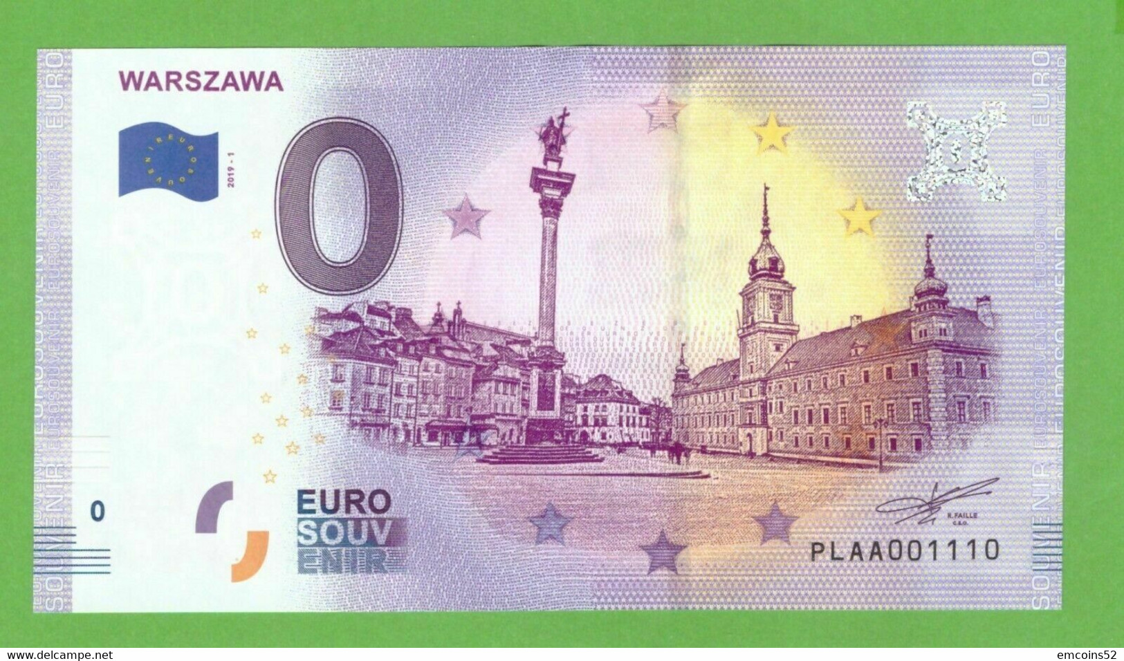 POLAND 0 EURO WARSZAWA 2019    UNC  WARSAW + FOLDER NUMBER 001110 RARE - Poland