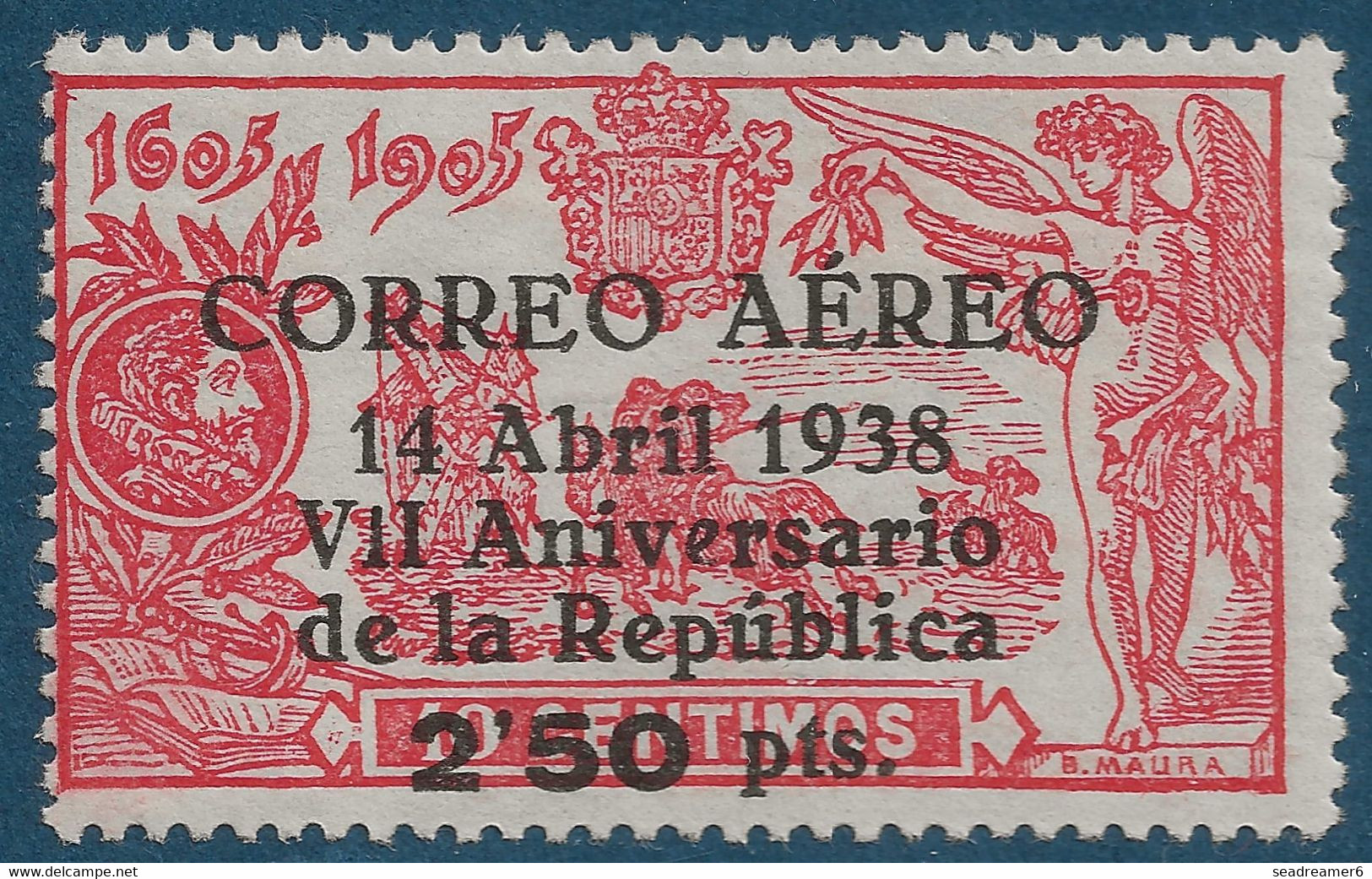 Espagne Poste Aérienne N°186* 2,50 Pts/10c Variedad ! Don Quichotte Surchargé Correo Aero 14 Abril 1938 Tres Frais TTB - Neufs