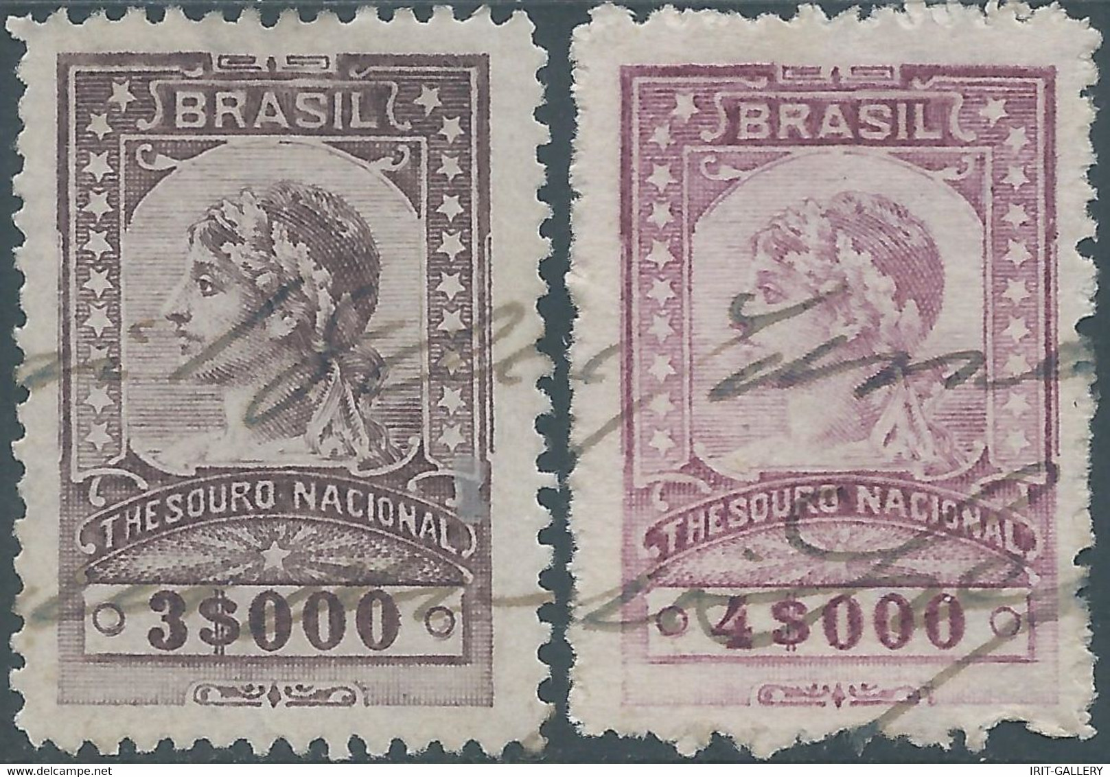 Brasil - Brasile - Brazil,Revenue Stamp Tax Fiscal,National Treasure,3$000 & 4$000 OURO,Used - Service