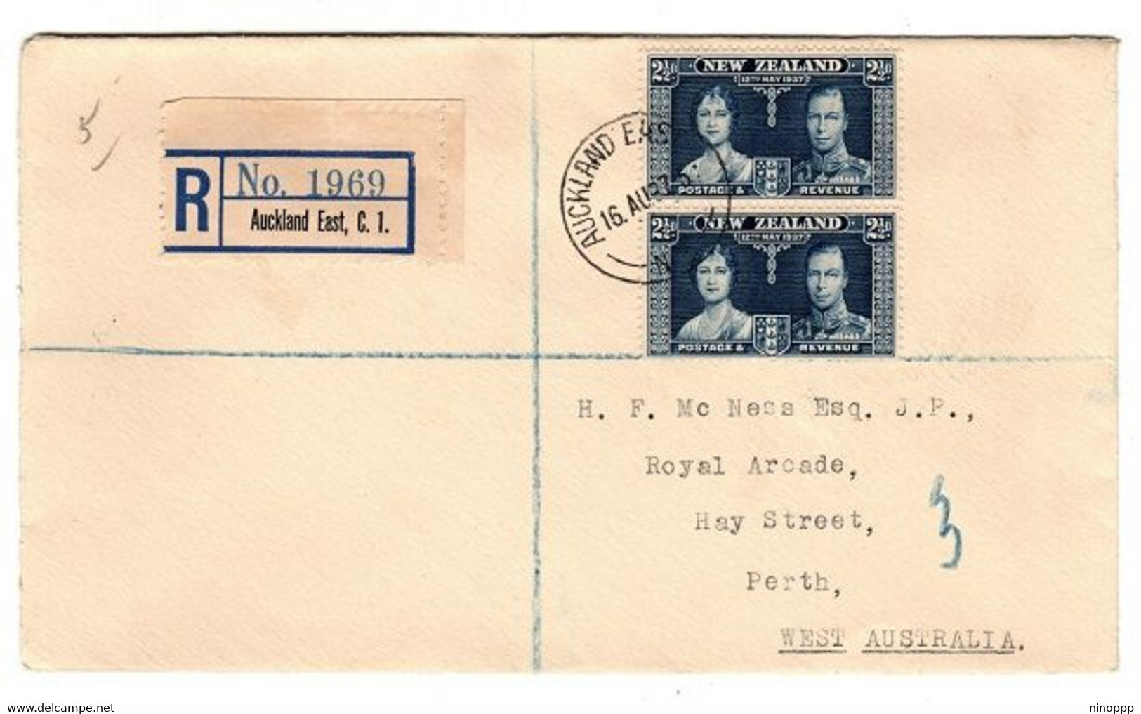 New Zealand 1937  Coronation Pair 2.5p On Registered Cover, From Auckland To Perth - Cartas & Documentos