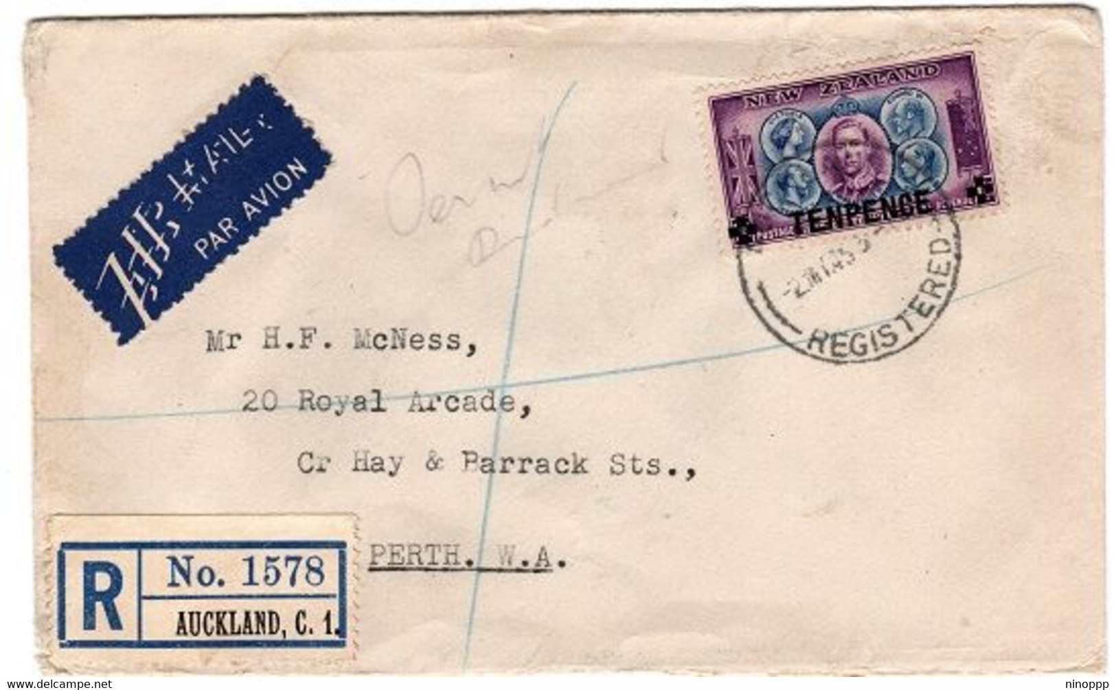 New Zealand 1945  Provisional Ten Pence On Registered Cover  From Auckland To Perth - Cartas & Documentos