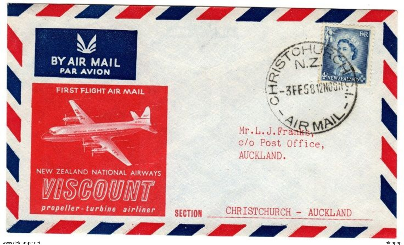 New Zealand 1958  First Flight Christchurch-Auckland,souvenir Cover - Covers & Documents