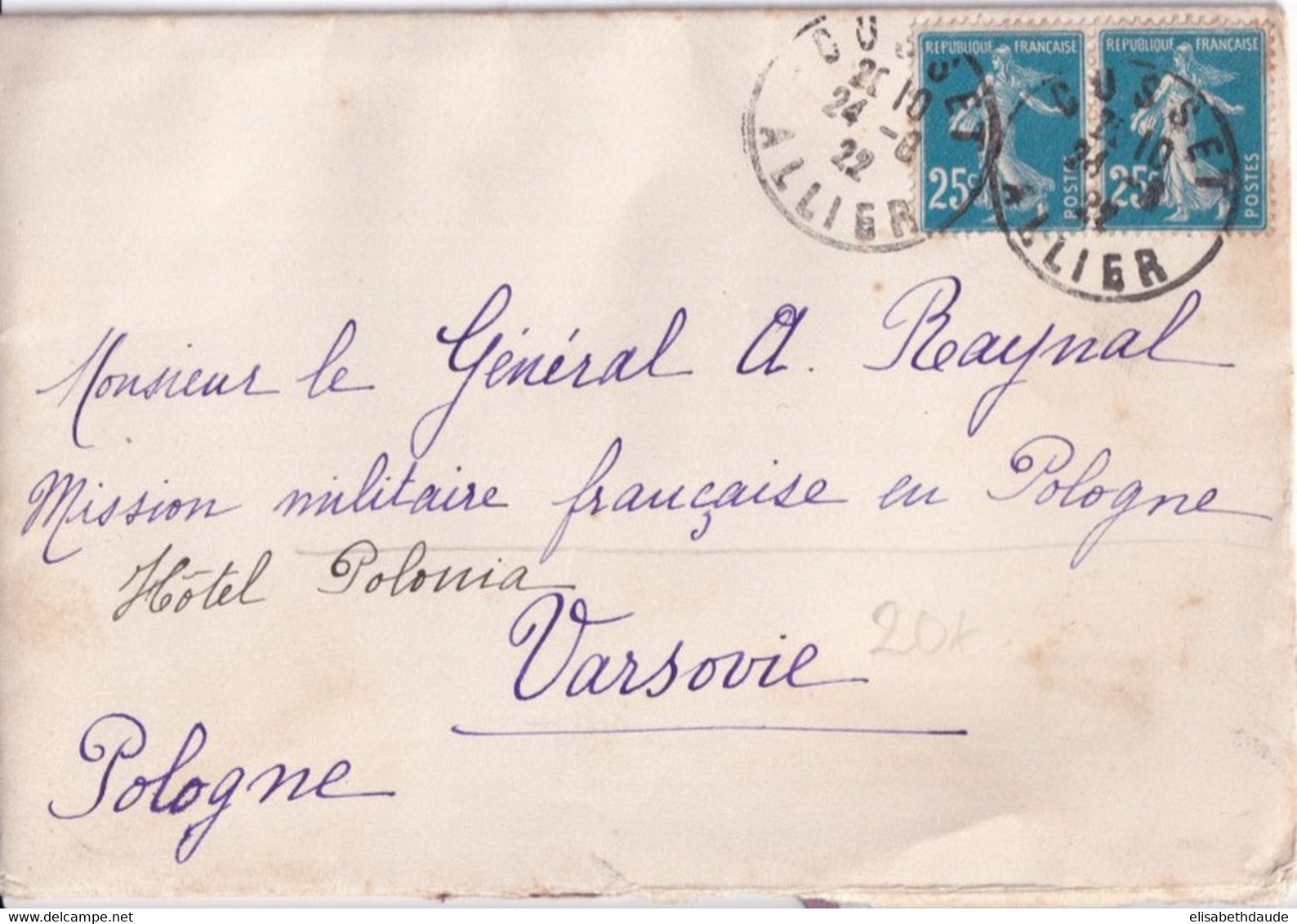 1922 - MISSION MILITAIRE FRANCAISE En POLOGNE ! - ENVELOPPE De CUSSET => GENERAL RAYNAL à VARSOVIE ! - SEMEUSES - 1906-38 Sower - Cameo