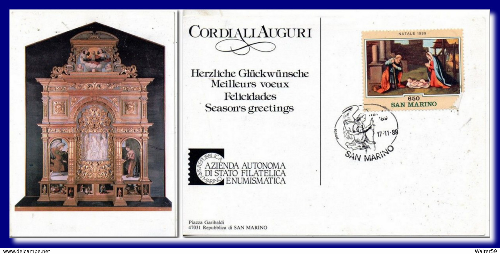 1989 San Marino Saint-Marin Postcard With Special Christmas Cachet And Wishes Unposted - Abarten Und Kuriositäten