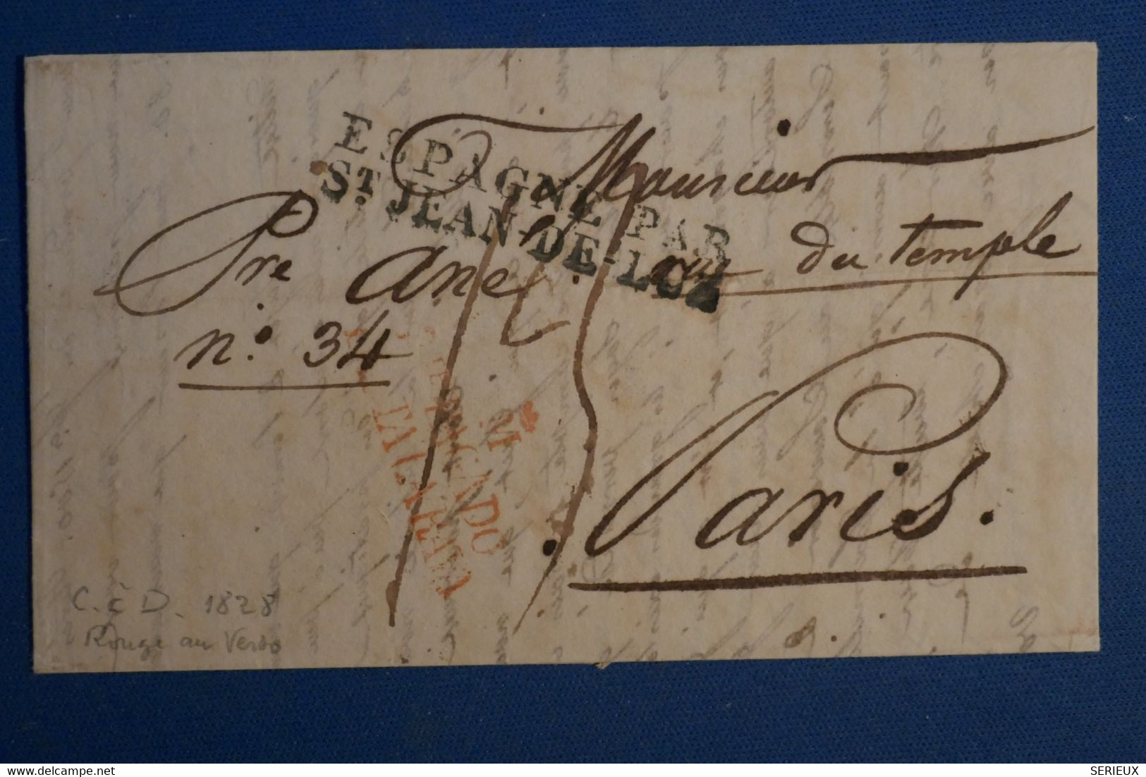 C ESPAGNE  BELLE LETTRE RARE 1828  +++VIA ST JEAN DE LUZ POUR PARIS RUE TEMPLE   +AFFRANCH.INTERESSANT   + - ...-1850 Prefilatelia