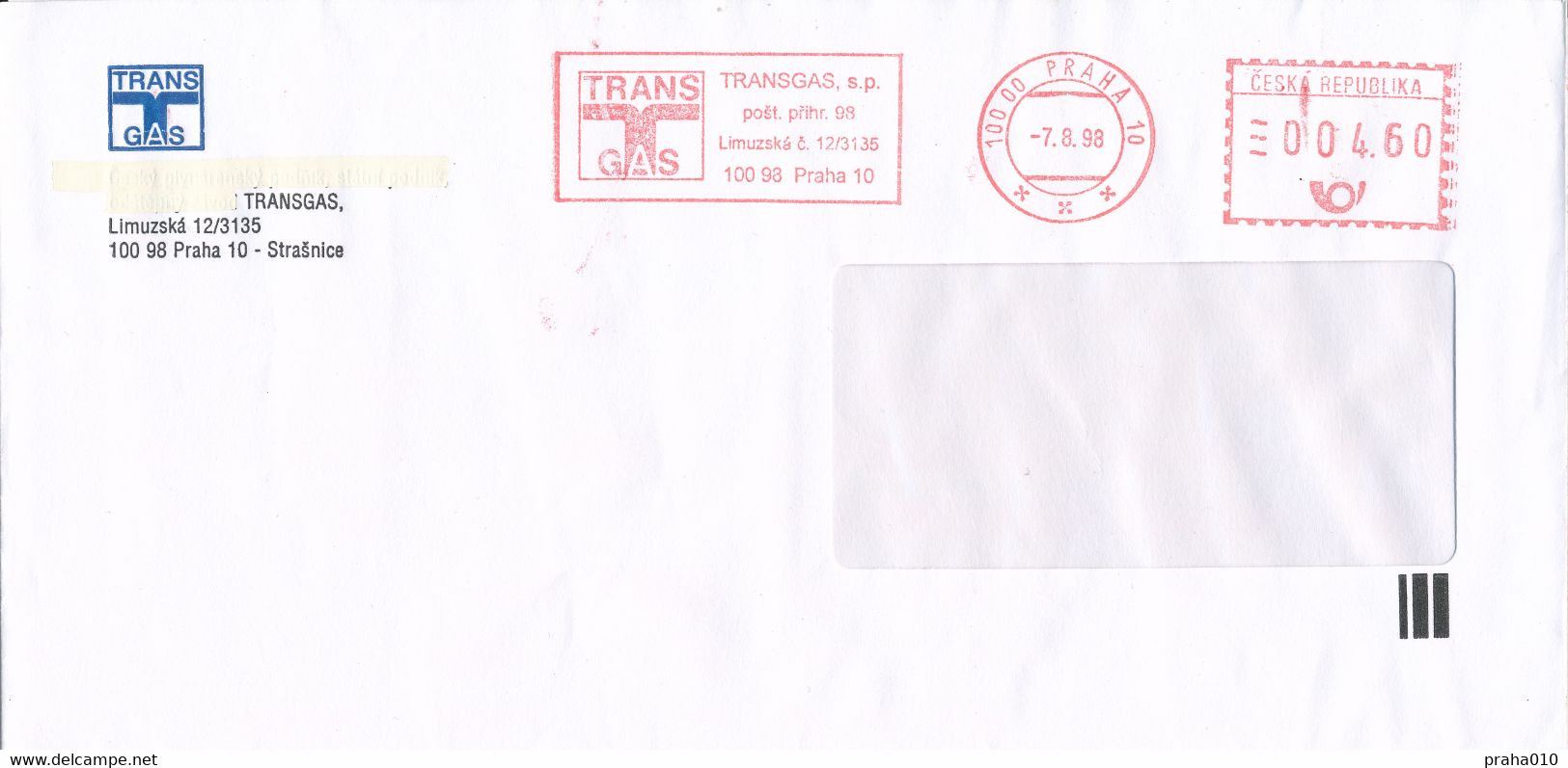 F0502 - Czech Rep. (1998) 100 00 Praha 10: TRANSGAS, State Enterprise (transit Pipeline - Gas). - Gas