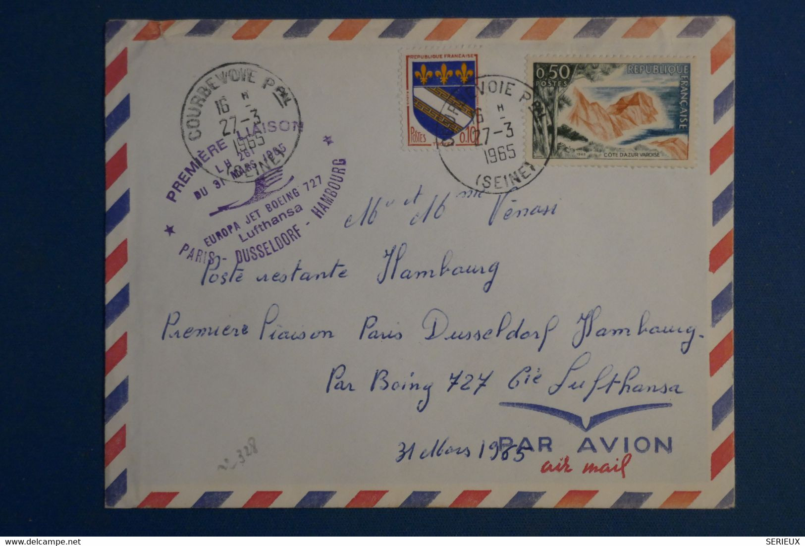 A0 8 FRANCE  BELLE LETTRE   1965  +++PREMIER VOL BOEING  LUFTHANSA PARIS HAMBOURG  +AFFRANCH.  PLAISANT   + - Briefe U. Dokumente