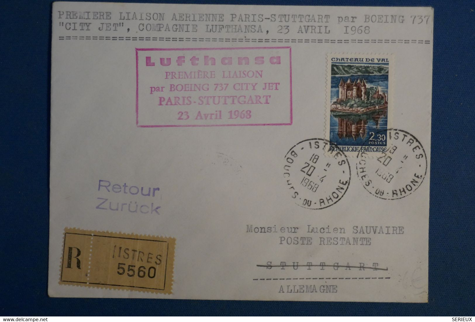 A0 8 FRANCE  BELLE LETTRE   1968  +++PREMIER VOL BOEING  LUFTHANSA PARIS STUTTGART  +AFFRANCH.  PLAISANT   + - Primi Voli