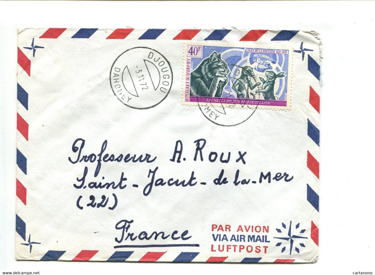 DAHOMEY Djougou 1972 - Affranchissement Seul Sur Lettre - Jean De La Fontaine Chat Belette Et Lapin - Benin - Dahomey (1960-...)