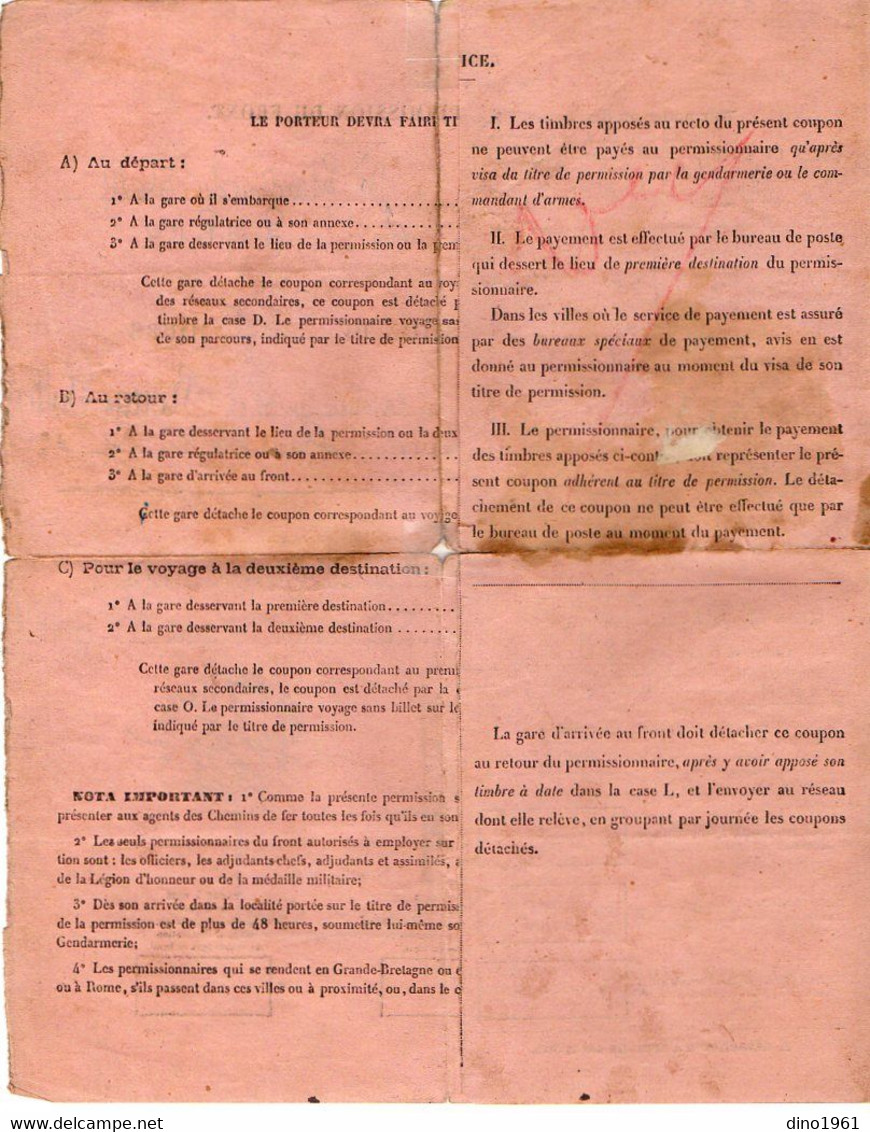 VP19.097 - MILITARIA - BISCHHEIM X PARIS 1919 -  Permission Du Front - Soldat  ROUGE - PULLON Groupe Mobile De Remonté - Documents
