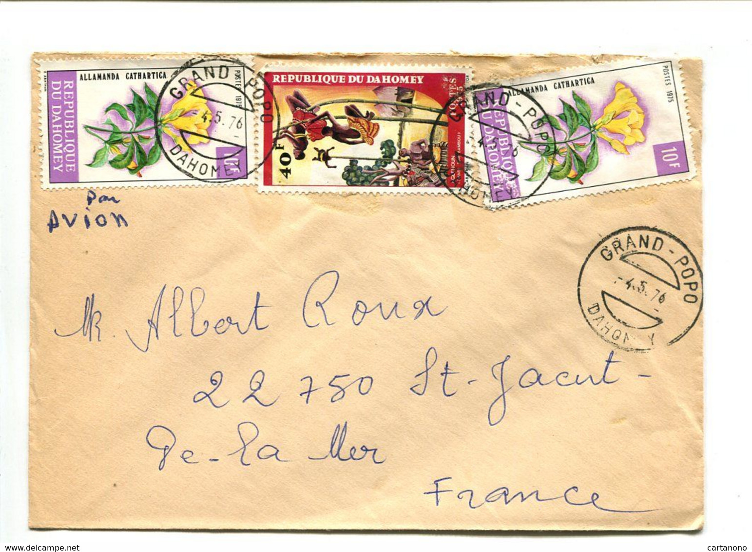 DAHOMEY Grand Popo 1976 - Affranchissement Sur Lettre - Fleurs / Danse - Benin - Dahomey (1960-...)