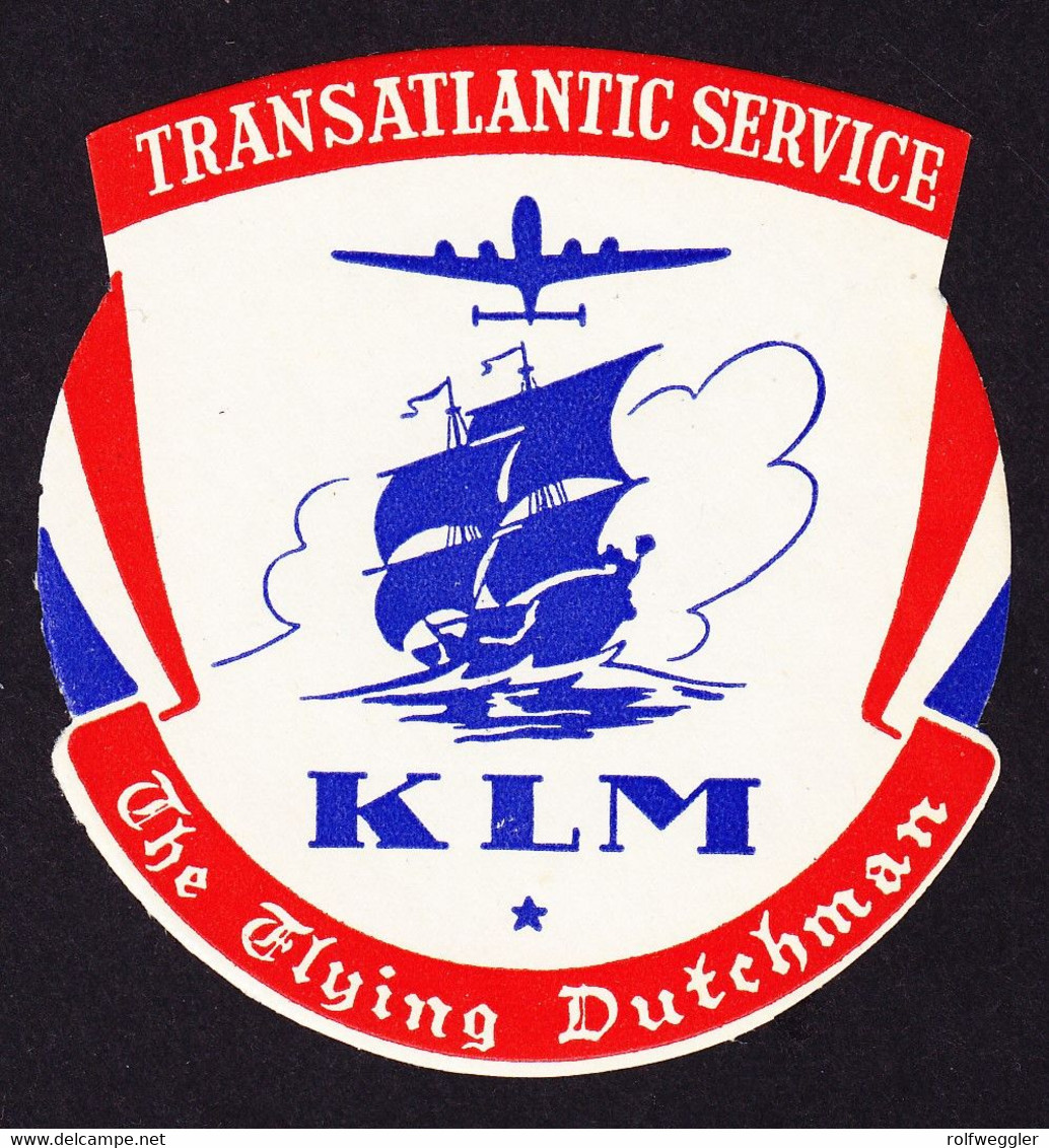 Um 1950 Koffer Label KLM (Transatlantic Service) Mit Vollem Gummi. The Flying Dutchman. - Europe