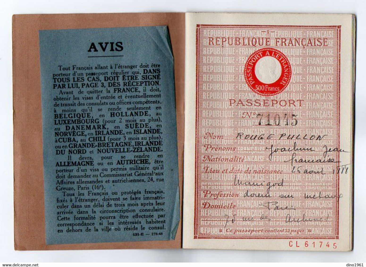 VP19.102 - PARIS 1948 - Préfecture De Police - Passeport - Mr ROUGE - PULLON Né à MANIGOD Doreur Sur Métaux - Politie & Rijkswacht