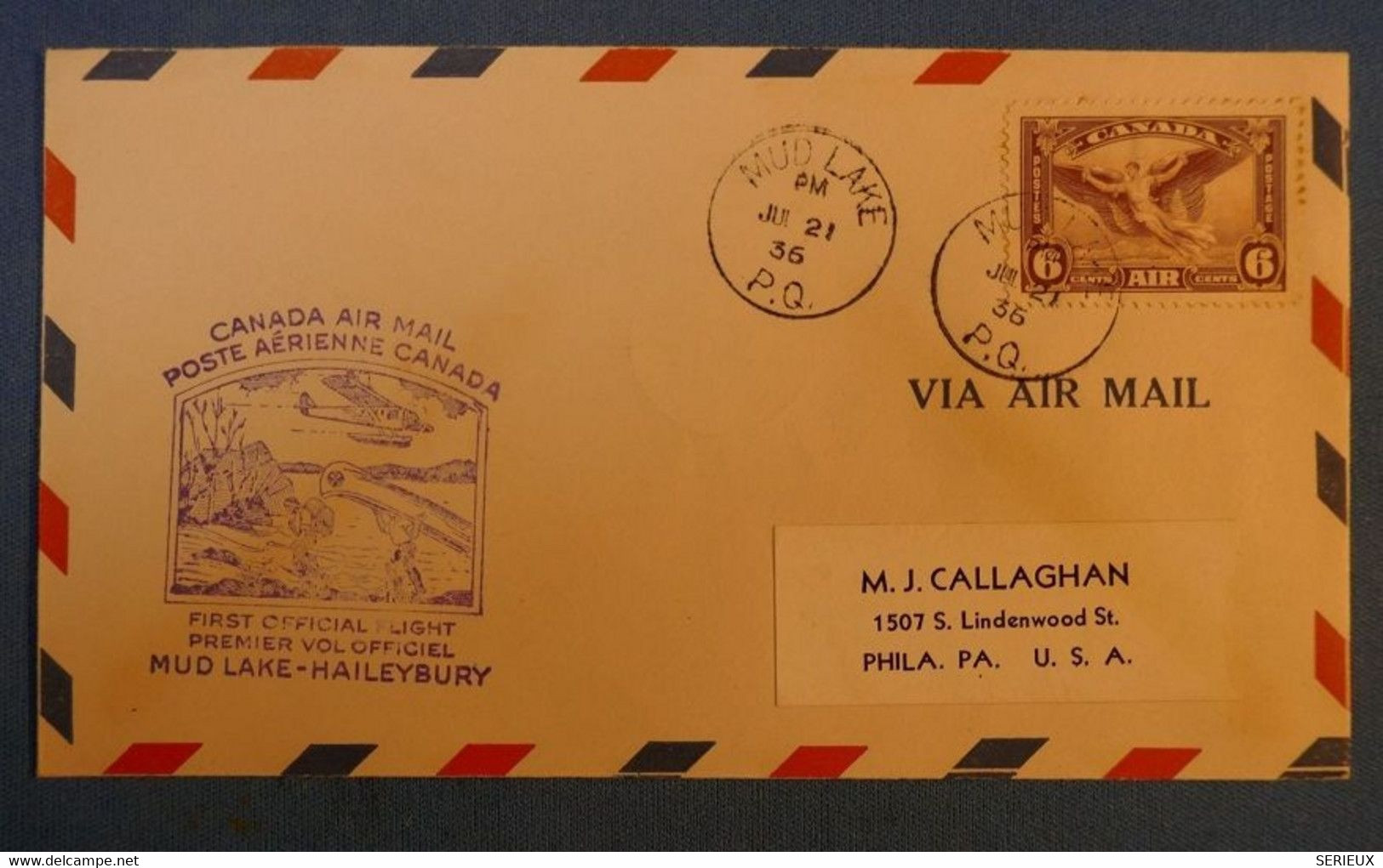 E11 CANADA BELLE LETTRE 1936 PAR AVION MUD LAKE POUR PHILA P.A.+ AFFRANCHISSEMENT PLAISANT - Airmail