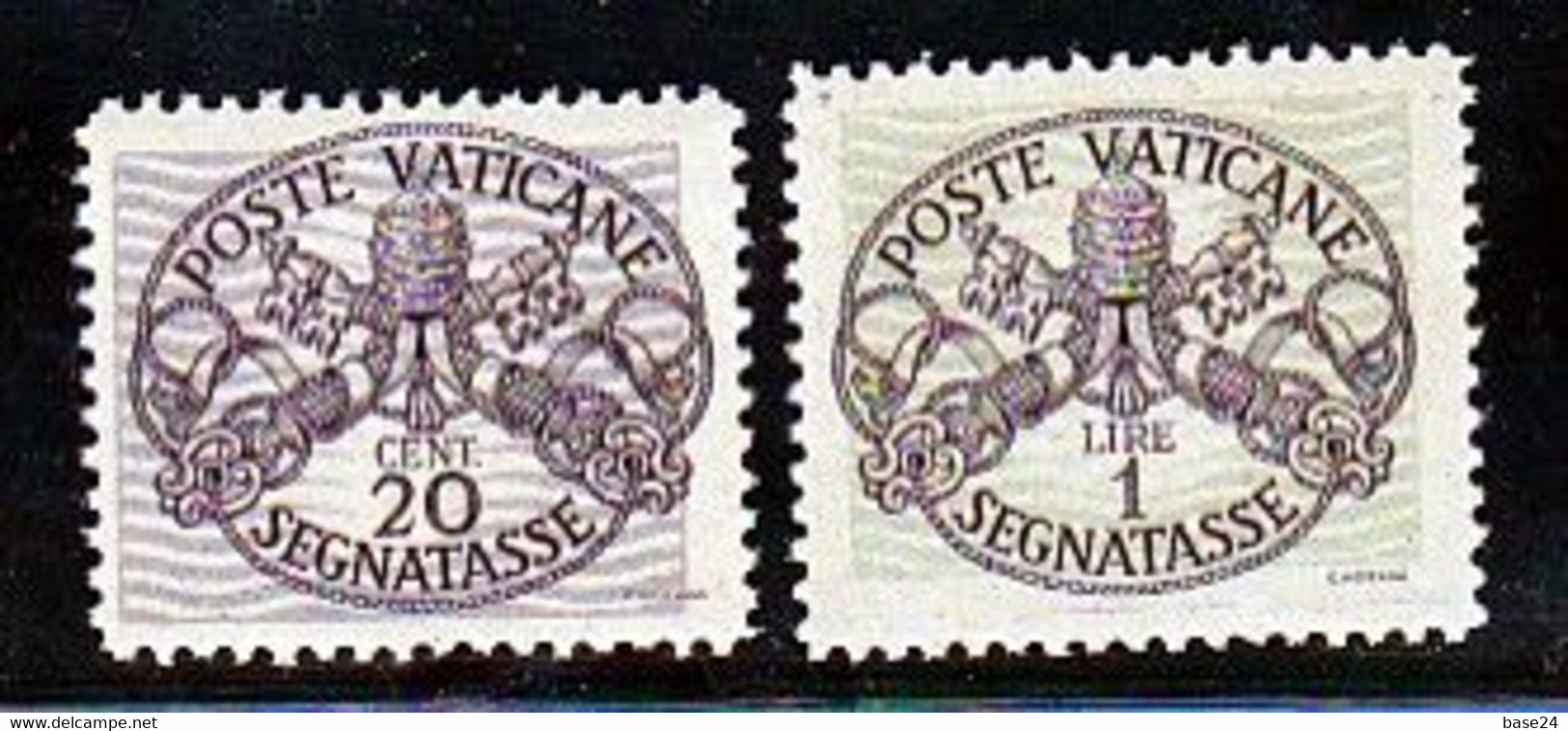 1946 Vaticano Vatican SEGNATASSE RIGHE LARGHE CARTA GRIGIA 20c E 1L MNH** 14/1, 16/1 Firma Biondi - Portomarken