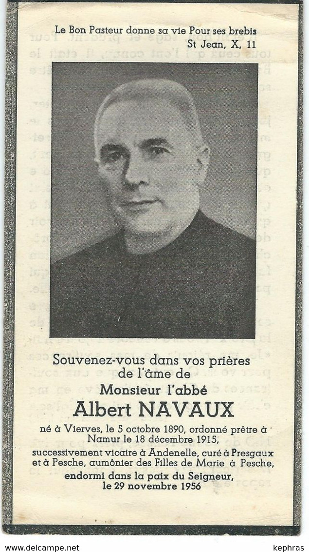 Souvenir Mortuaire Abbé Albert NAVAUX - VIERVES 1890 / PESCHE 1956 - ANDENELLE  - PRESGAUX - Devotieprenten