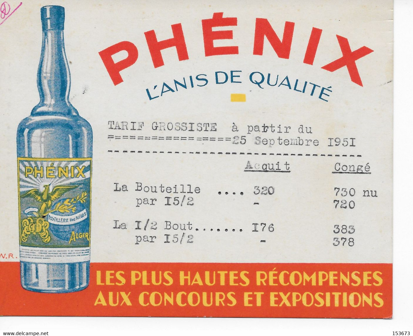 Carte Tarif Illustrée De 1951_ Anis PHENIX  Distillerie Au 5 Rue RIEGO à ALGER - Rechnungen