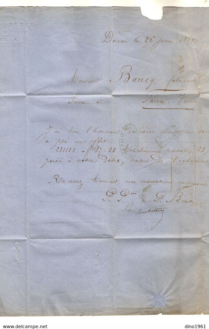 VP19.103 - 1865 - Lettre - P. BONTE Banquier à DOUAI ( Nord ) Pour FAUX - VIVIER - Banco & Caja De Ahorros