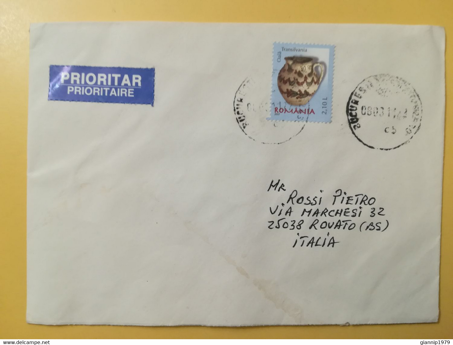 2011 BUSTA COVER ROMANIA ROMANA ROUMANIE BOLLO CERAMIC PRIORITY OBLITERE'  FOR ITALY - Lettres & Documents