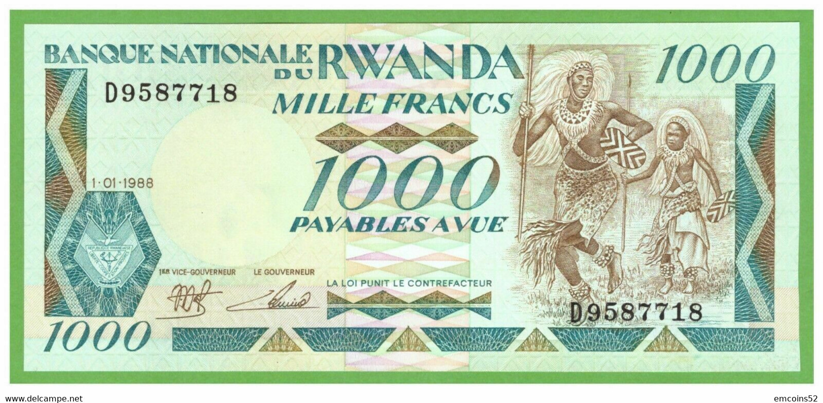 RWANDA 1000 FRANCS 1988  P-21 UNC - Ruanda