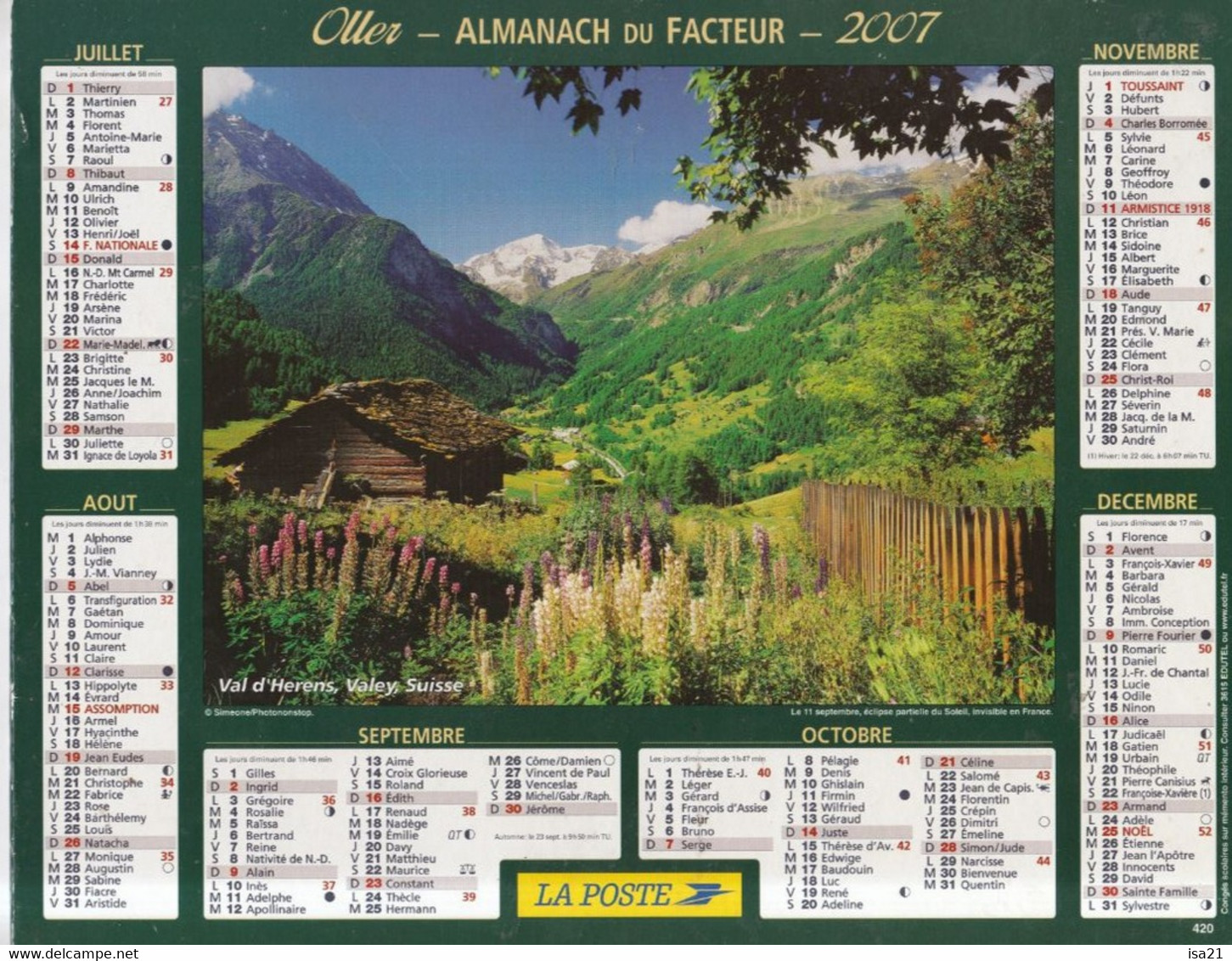 Almanach Du Facteur, Calendrier De La Poste, 2007 : Côte D'Or: Trentin Haut Adige, Val D'Herens. - Grand Format : 2001-...