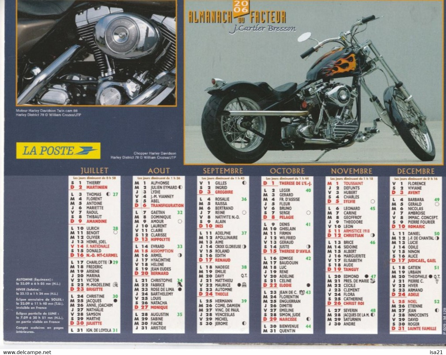 Almanach Du Facteur, Calendrier De La Poste, 2006 : Haute-Saône, Belfort: Chopper Harley-Davidson, Morris Minor - Grand Format : 2001-...