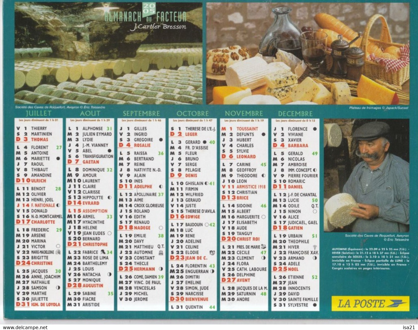 Almanach Du Facteur, Calendrier De La Poste, 2005 : JURA: Le Boulanger, Le Fromager - Grand Format : 2001-...