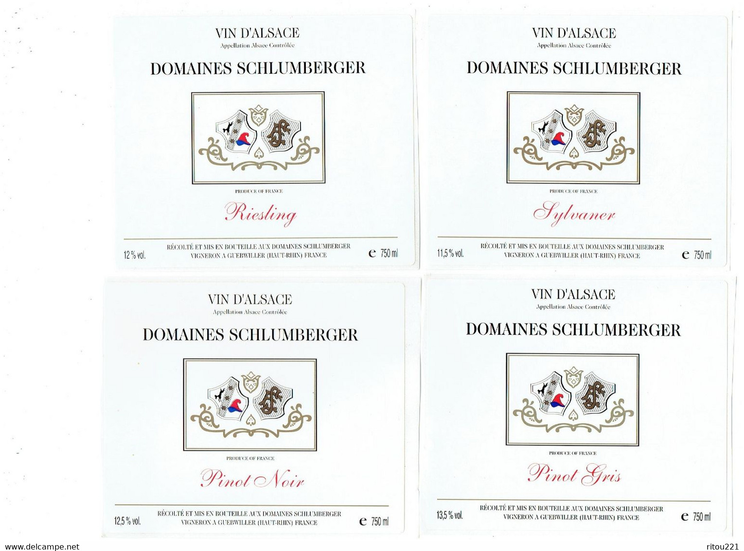 LOT 4- AUTOCOLLANT Etiquette De Vin Alsace DOMAINES SCHLUMBERGER Sylvaner Pinot GUEBWILLER Riesling - 750 Ml - Riesling