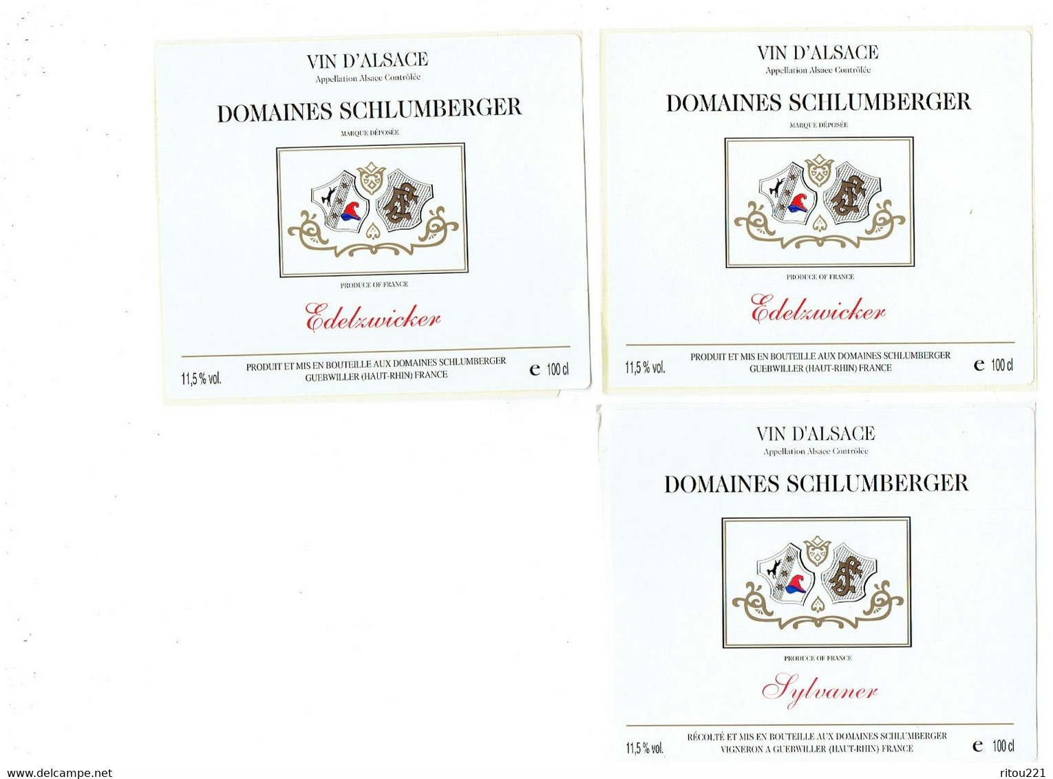 LOT 3 - AUTOCOLLANT Etiquette De Vin Alsace DOMAINES SCHLUMBERGER Sylvaner  GUEBWILLER Edelzwicker - 100 Ml - Riesling