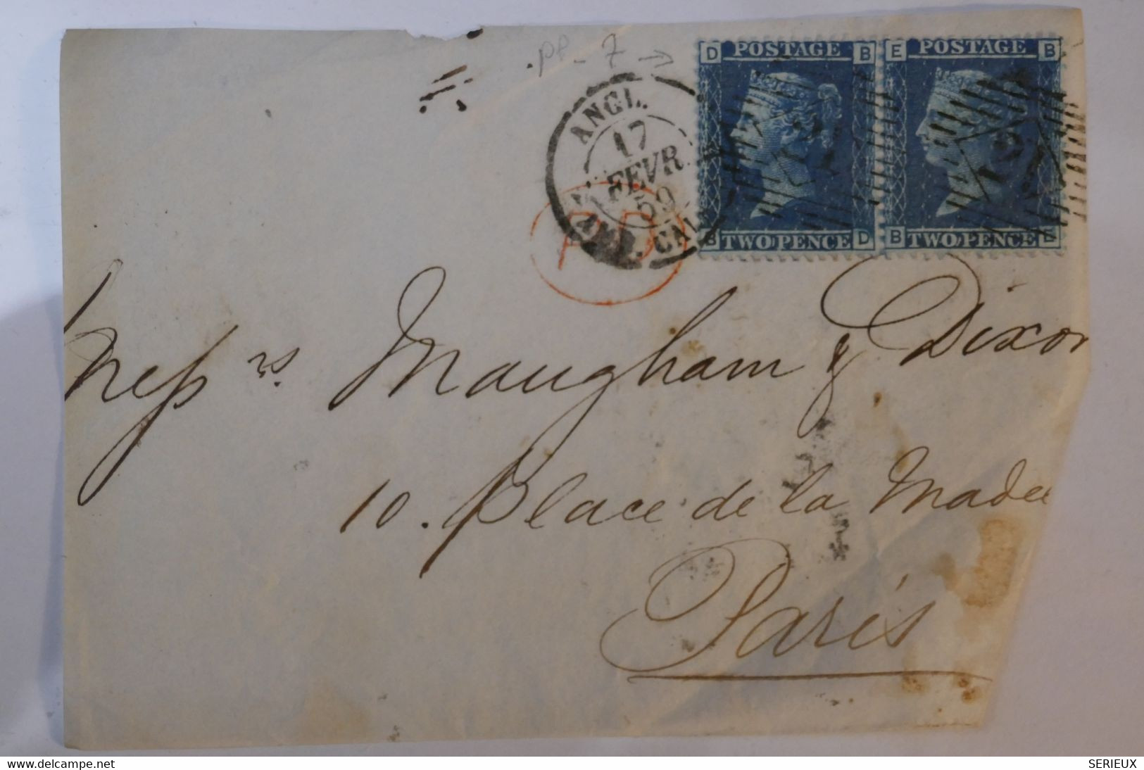 C GRANDE BRETAGNE LETTRE DEVANT 1859 ENTREE AMBULANT CALAIS POUR PARIS + PAIRE DE 2 PENCE PLANCHE RARE N 7 + T PD ROUGE - Storia Postale