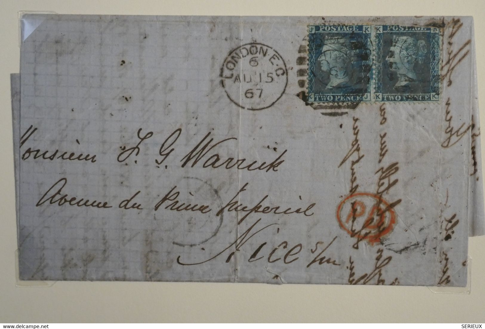 C GRANDE BRETAGNE BELLE LETTRE 1867 LONDON POUR NICE  FRANCE ++PD ROUGE +PAIRE DE 2 PENCE ++AFFRANCHISSEMENT INTERESSANT - Storia Postale