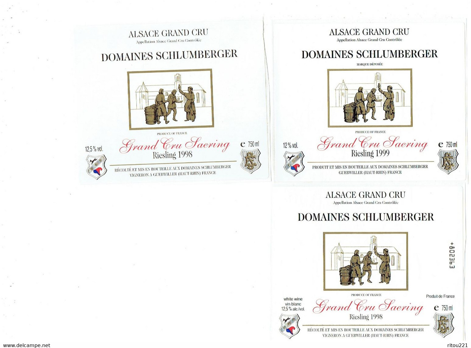 LOT 3 - AUTOCOLLANT Etiquette Vin Alsace DOMAINES SCHLUMBERGER GUEBWILLER Riesling Grand CRU Saering 1998-1999 - Riesling