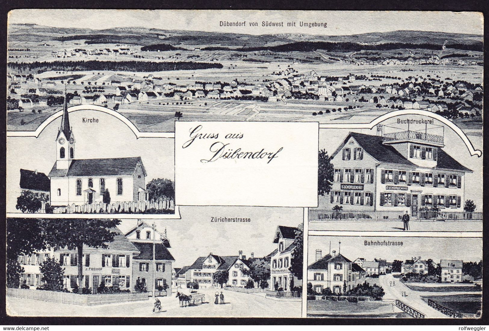 1908 Gelaufene Kunstkarte: Gruss Aus Dübendorf. 5 Bildrig Mit Buchdruckerei, Bahn- Und Zürcherstrasse. - Dübendorf