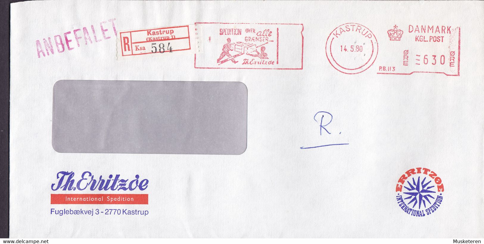 Denmark TH. ERRITZØE International Spedition Registered Einschreiben Label KASTRUP ATM (P.B. 113) 1980 Meter Cover - Frankeermachines (EMA)