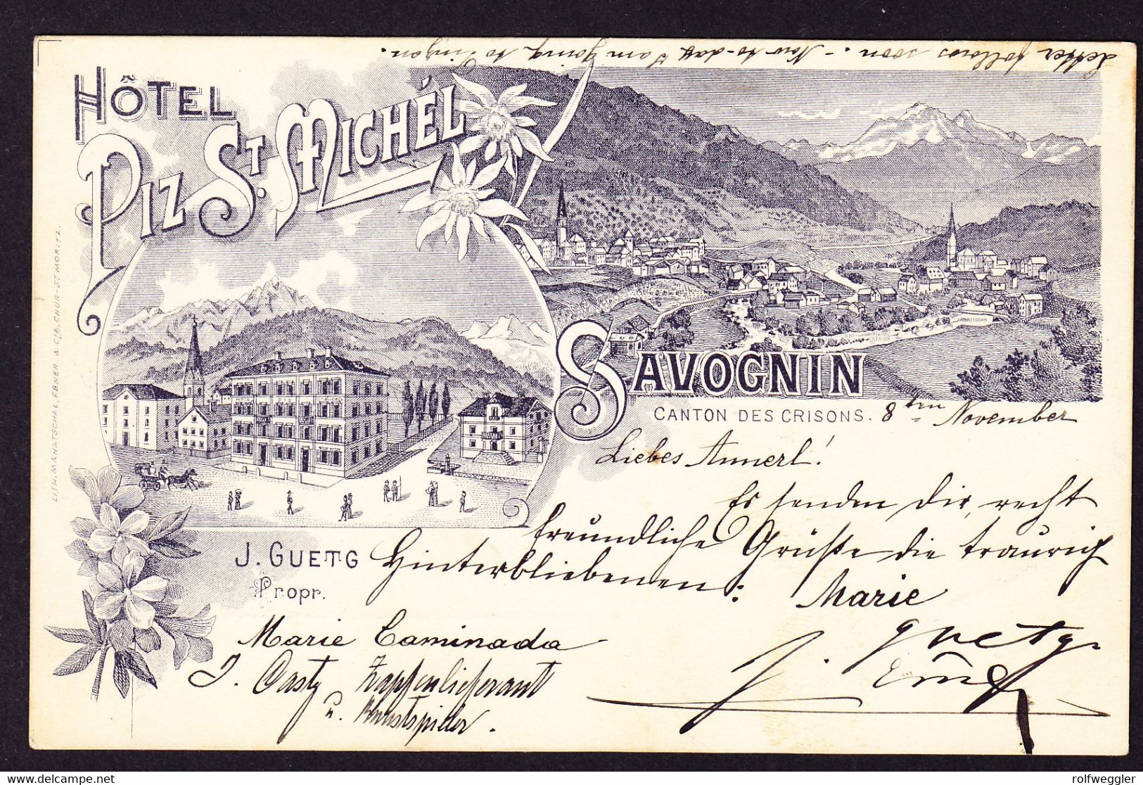 1898 Gelaufene Litho AK: Hotel Piz St. Michel, Savognin. Marke Mit  Defekter Ecke. - Savognin