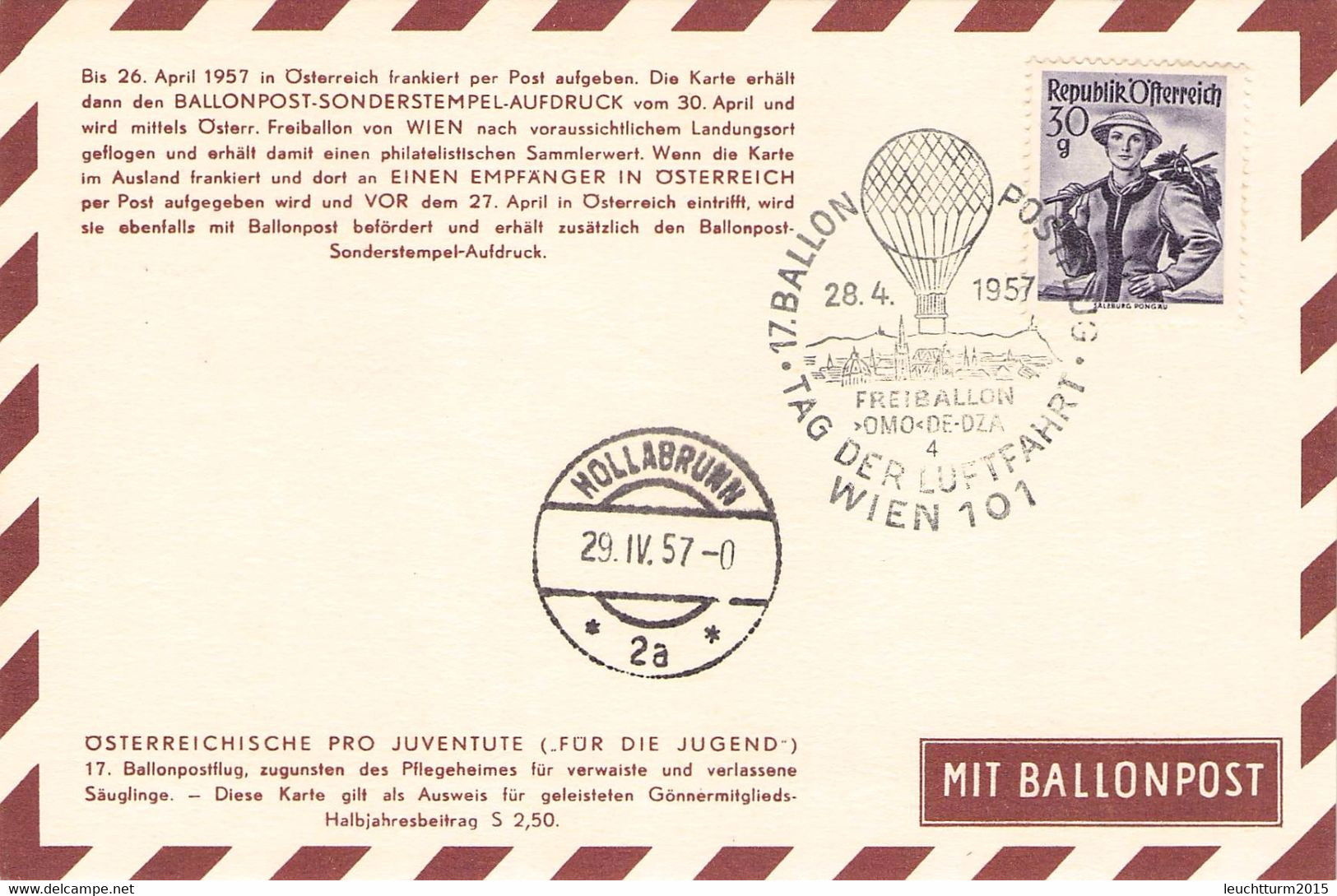 ÖSTERREICH - POSTKARTE TAG DER LUFTFAHRT 28.4.1957 HOLLABRUNN / ZO37 - Ballonpost