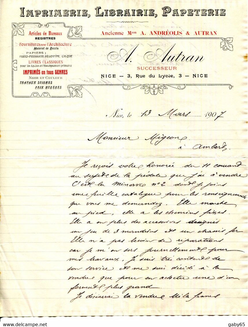 FACTURE.06.NICE.IMPREMERIE.LIBRAIRIE.PAPETERIE.A.AUTRAN 3 RUE DU LYCÉE. - Imprimerie & Papeterie