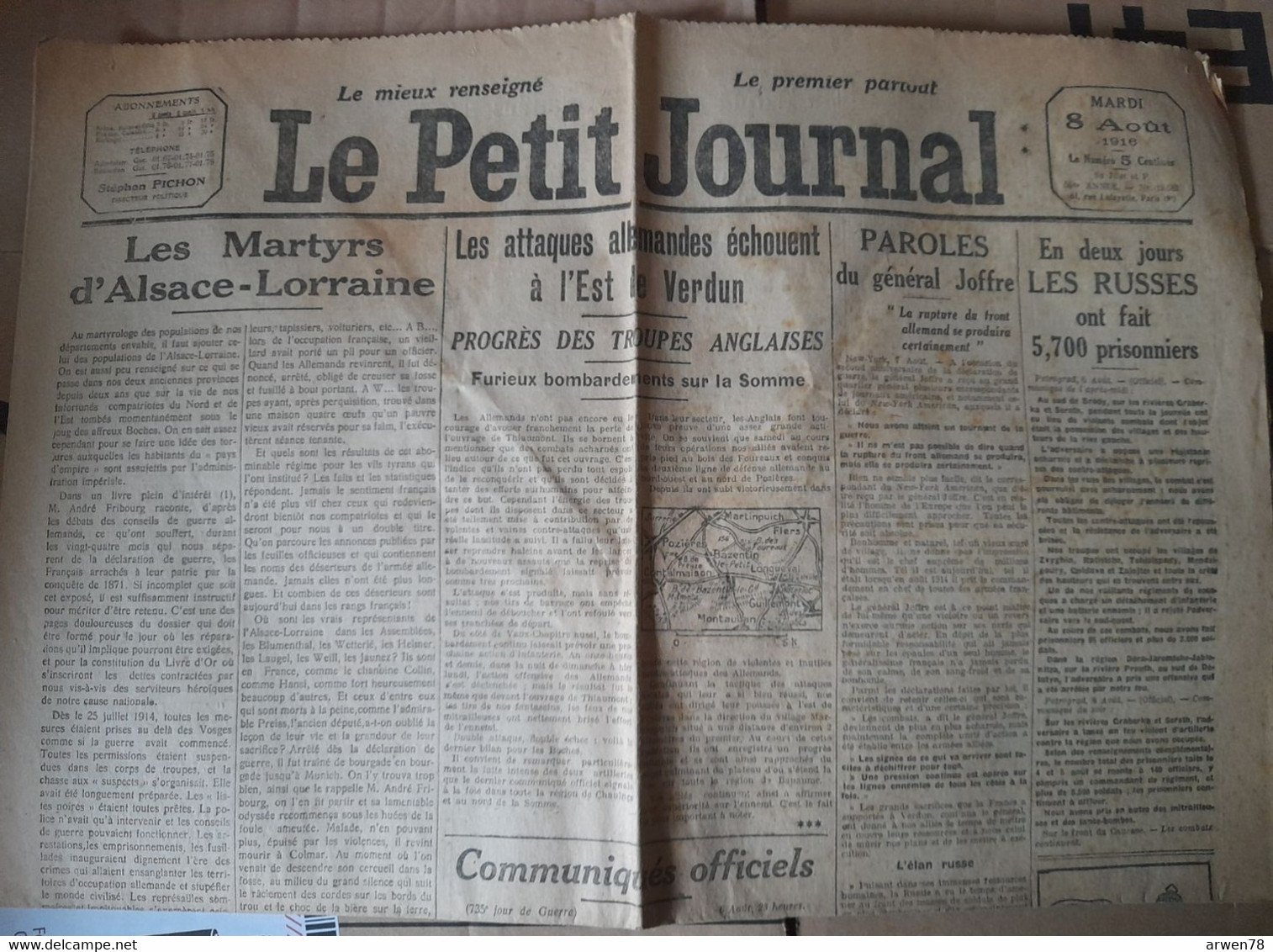 WWI Quotidien Le Petit Journal 8 Aout 1916 Les Martyrs D'alsace Lorraine Verdun Bataille De La Somme - Le Petit Parisien