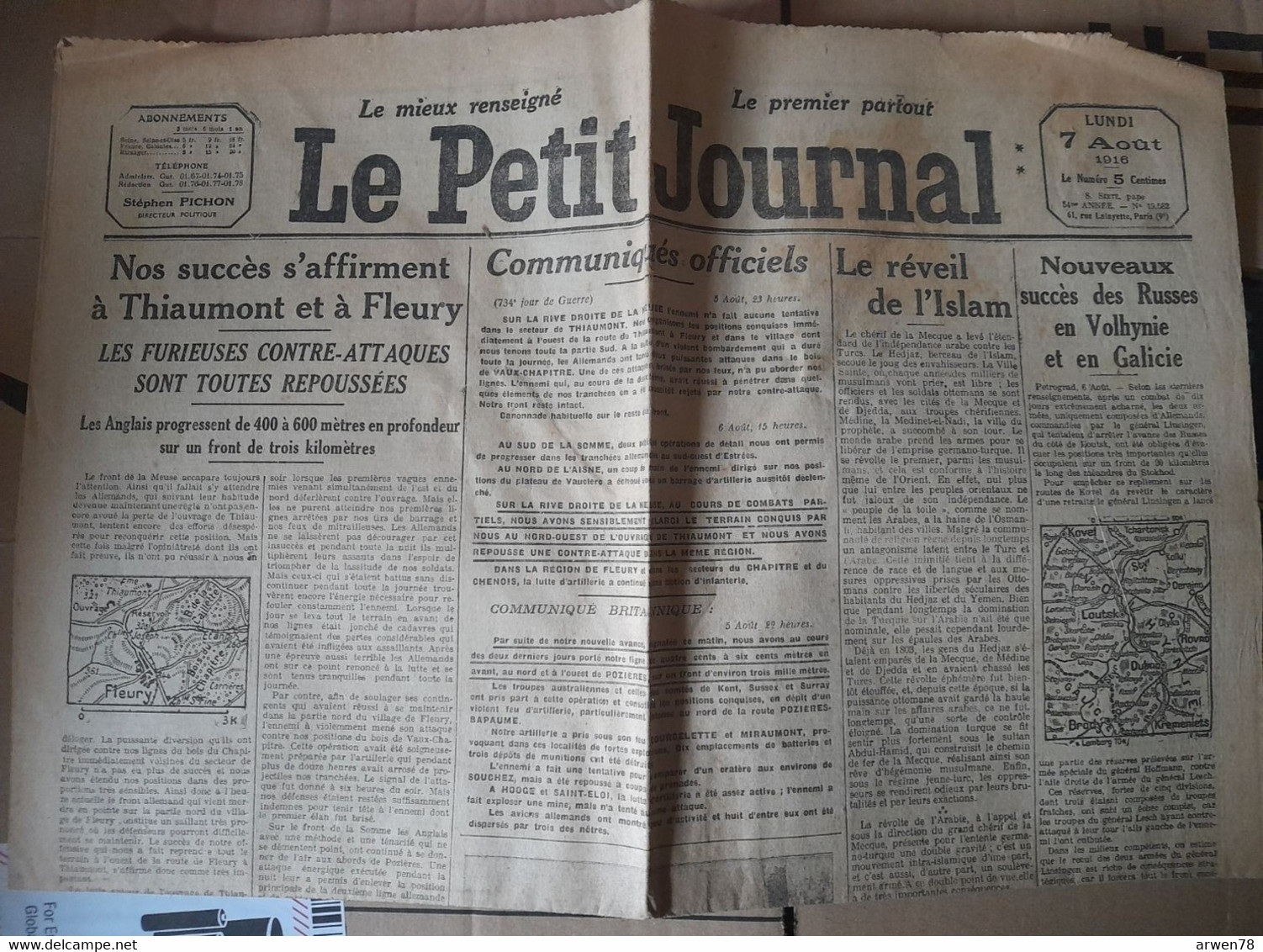 WWI Quotidien Le Petit Journal 7 Aout 1916 Le Reveil De L'islam Succés A Thiaumont Et A Fleury - Le Petit Parisien
