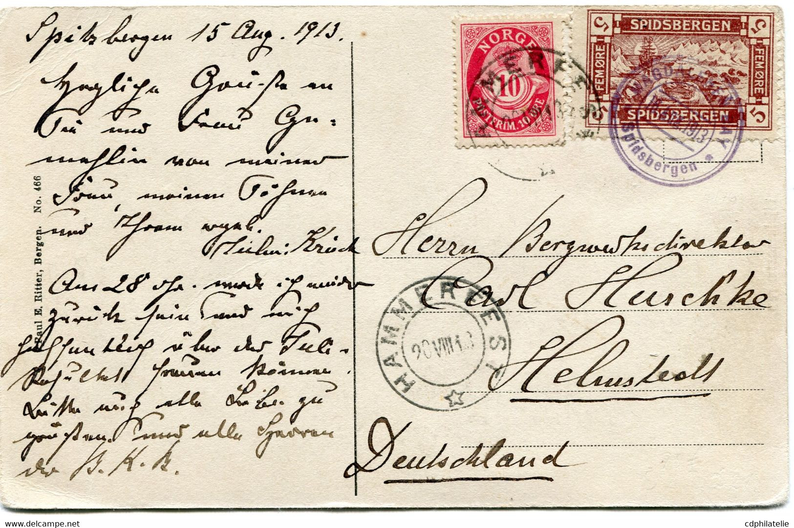 NORVEGE CARTE POSTALE -HJELMSOSTAUREN CARTE POSTALE AVEC VIGNETTE BRUNE " SPIDSBERGEN " AVEC CACHET SPIDSBERGEN.....1913 - Otros & Sin Clasificación