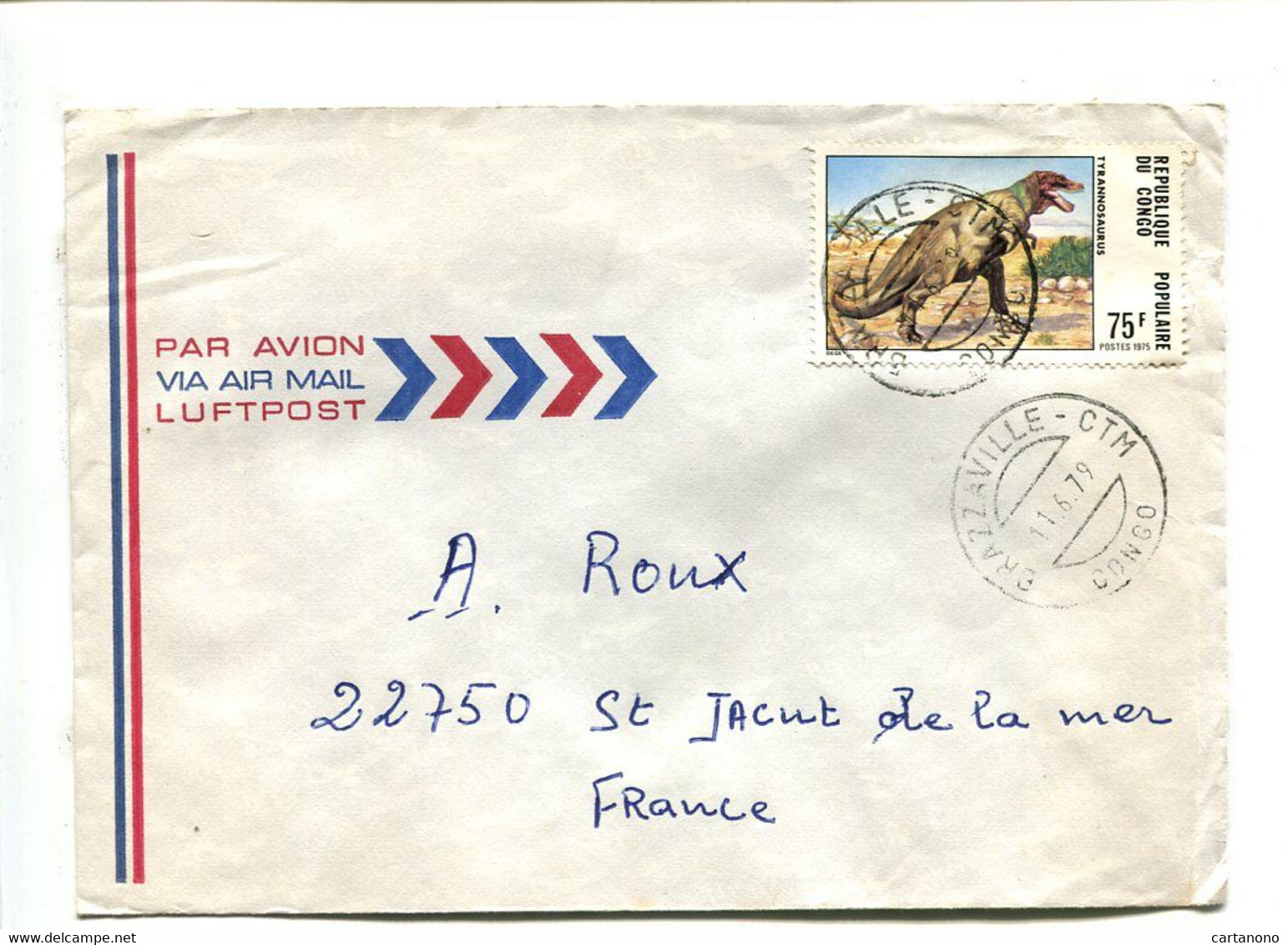 CONGO Brazzaville 1979 - Affranchissement Seul Sur Lettre Par Avion - 75F Dinosaure - Preistorici