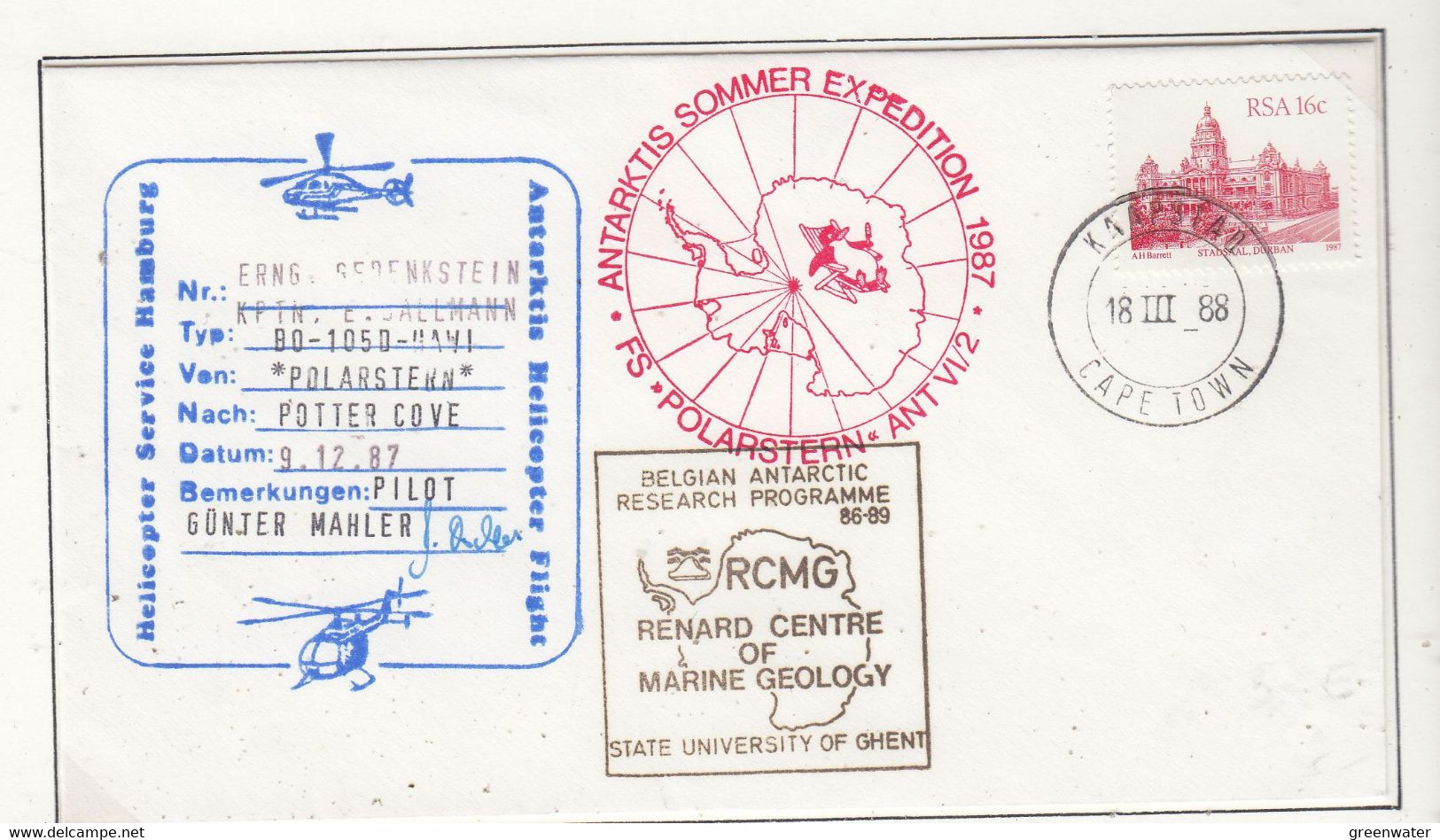 Antarctic Heliflight Polarstern To Potter Cove Cover Ca Univ. Of Genth Signature Pilot Ca Cape Town 18 III 88  (AB242A) - Vols Polaires