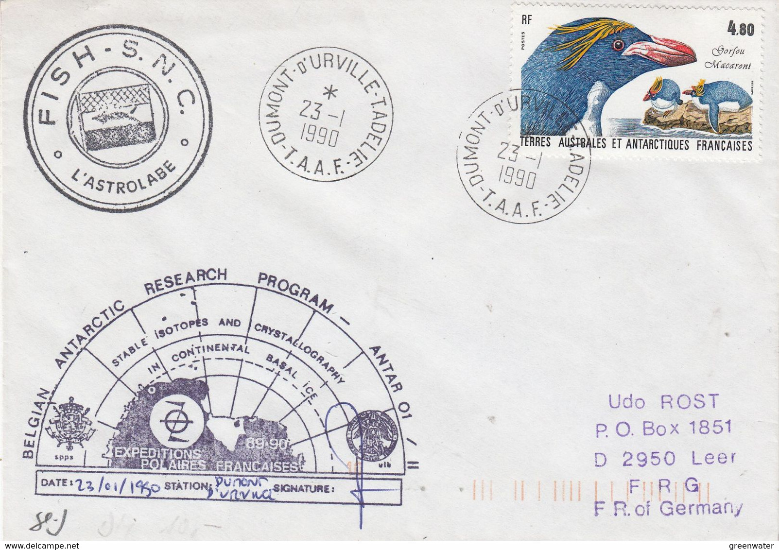 Belgian Antarctic Research Programm 1990cover Ca Dumont D'Urville 23-1-1990  (AB242B) - Polar Flights