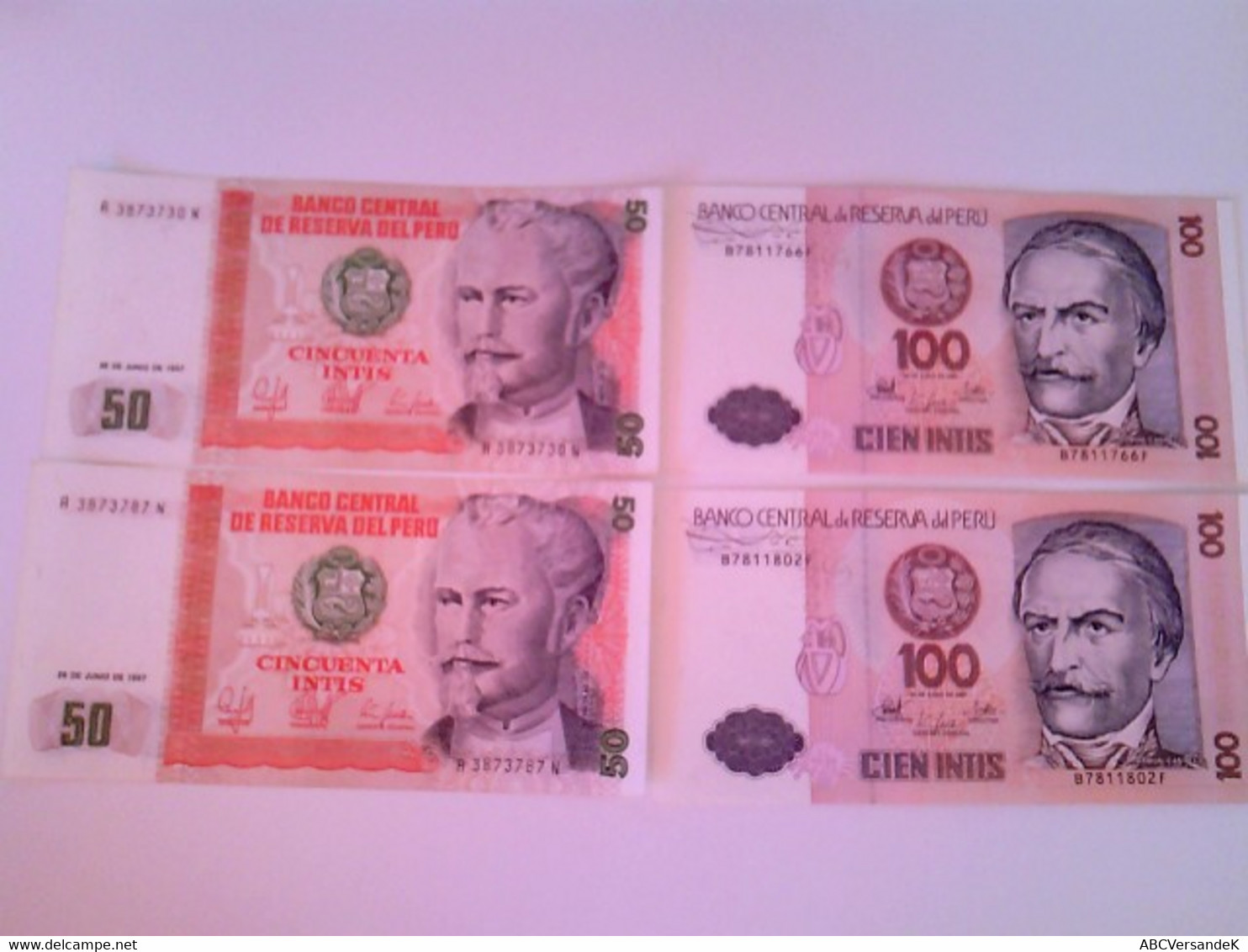 4 Geldscheine Peru: Banco Central De Reserva Del Peru. 2 X 50 Cincuenta Intis Und 2 X100 Cien Intis - Numismatiek