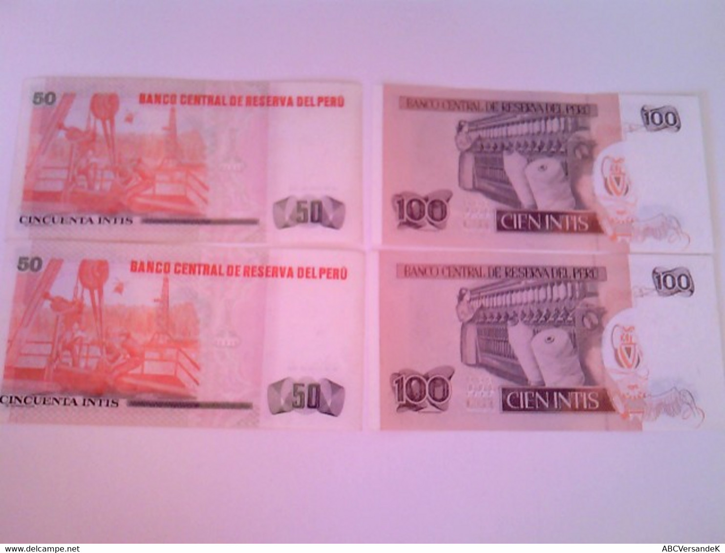 4 Geldscheine Peru: Banco Central De Reserva Del Peru. 2 X 50 Cincuenta Intis Und 2 X100 Cien Intis - Numismatik