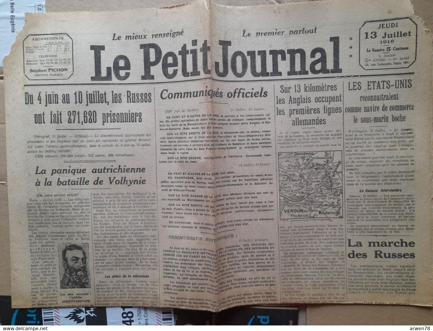 WWI Quotidien Le Petit Journal 13 Juillet 1916 Front De La Somme Assaut Continue A Verdun - Le Petit Parisien