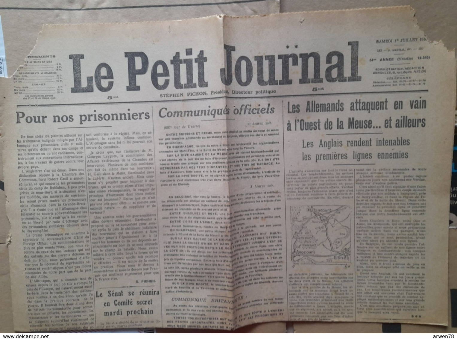 WWI Quotidien Le Petit Journal 1er  Juillet 1916  Les Allemands Attaquent A L'ouest De La Meuse - Le Petit Parisien