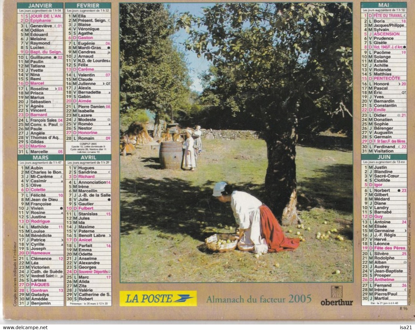 Almanach Du Facteur, Calendrier De La Poste, 2005 : COTE D'OR: Moisson Avec Batteuse, Ramassage Des Pommes - Grand Format : 2001-...