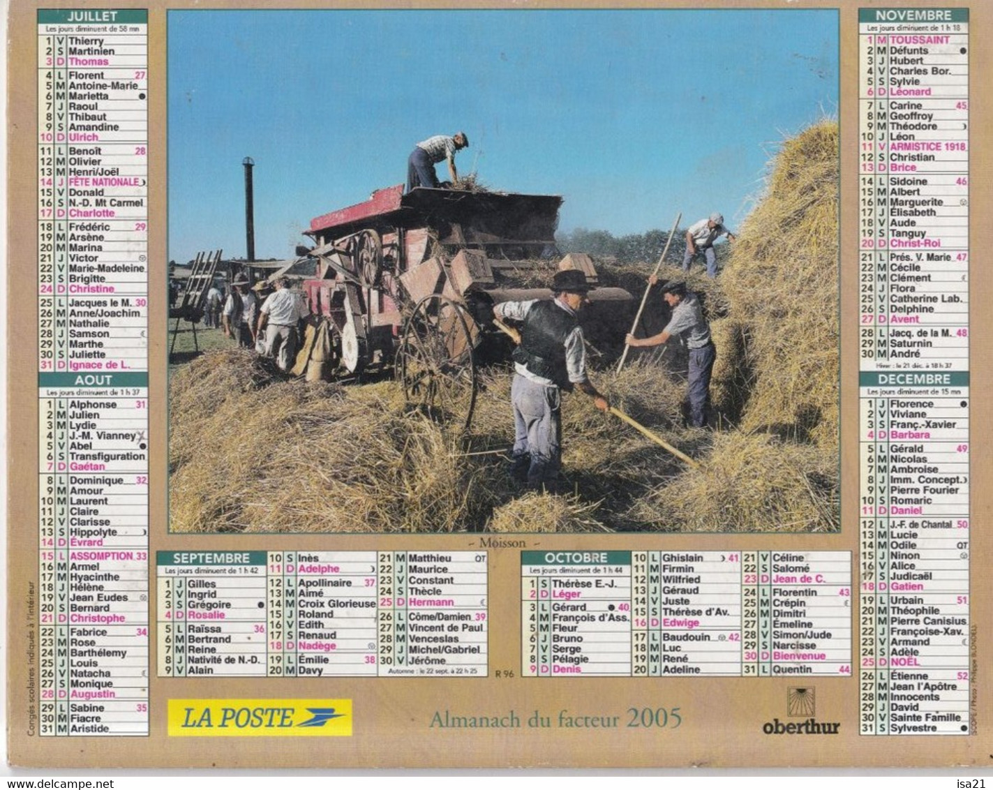 Almanach Du Facteur, Calendrier De La Poste, 2005 : COTE D'OR: Moisson Avec Batteuse, Ramassage Des Pommes - Grand Format : 2001-...