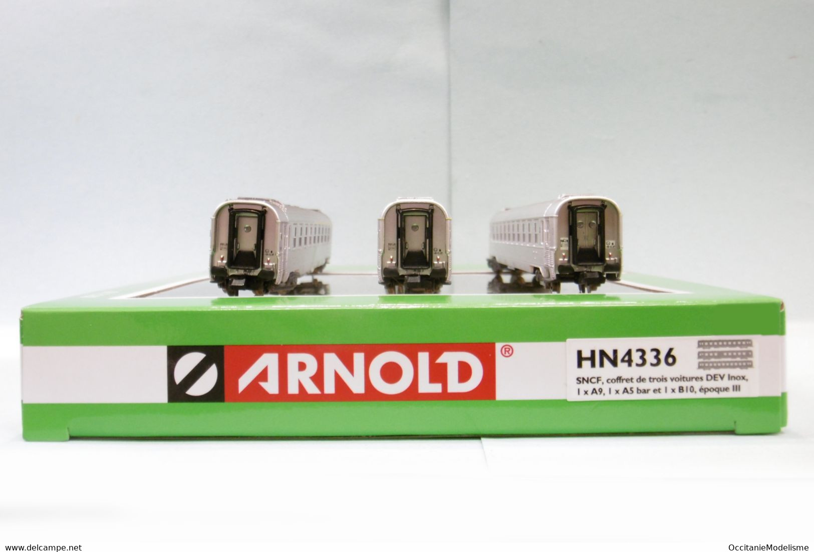 Arnold - Coffret 3 Voitures DEV INOX A9 + A5 Bar + B10 SNCF ép. III Réf. HN4336 Neuf N 1/160 - Scompartimento Viaggiatori